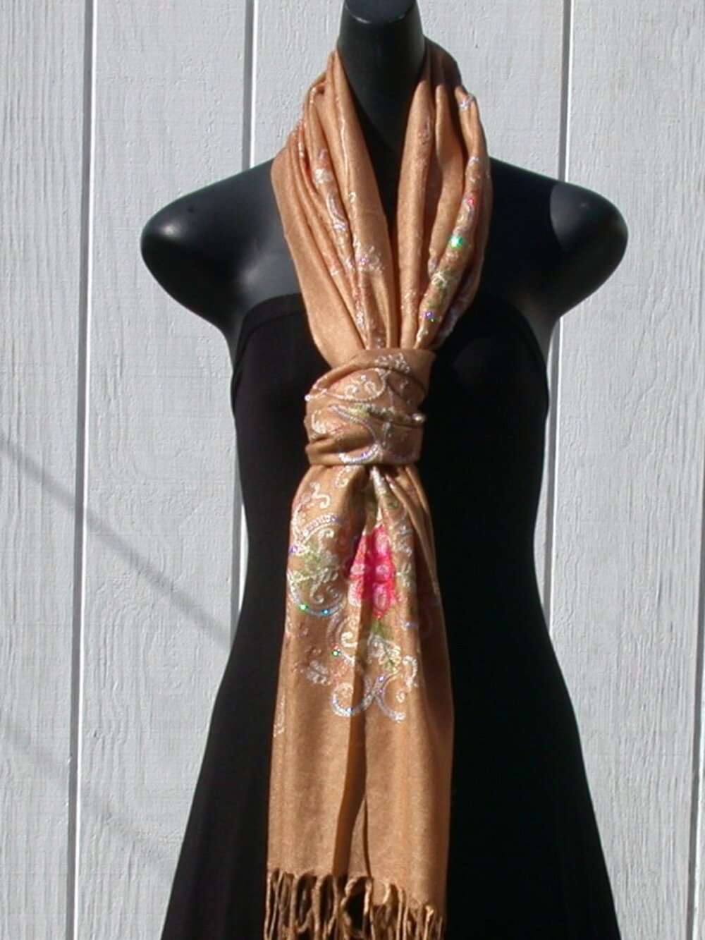 Italian Tan Embroidered Floral Print Fashion Shawl 26 x 70 Hijab Scarves